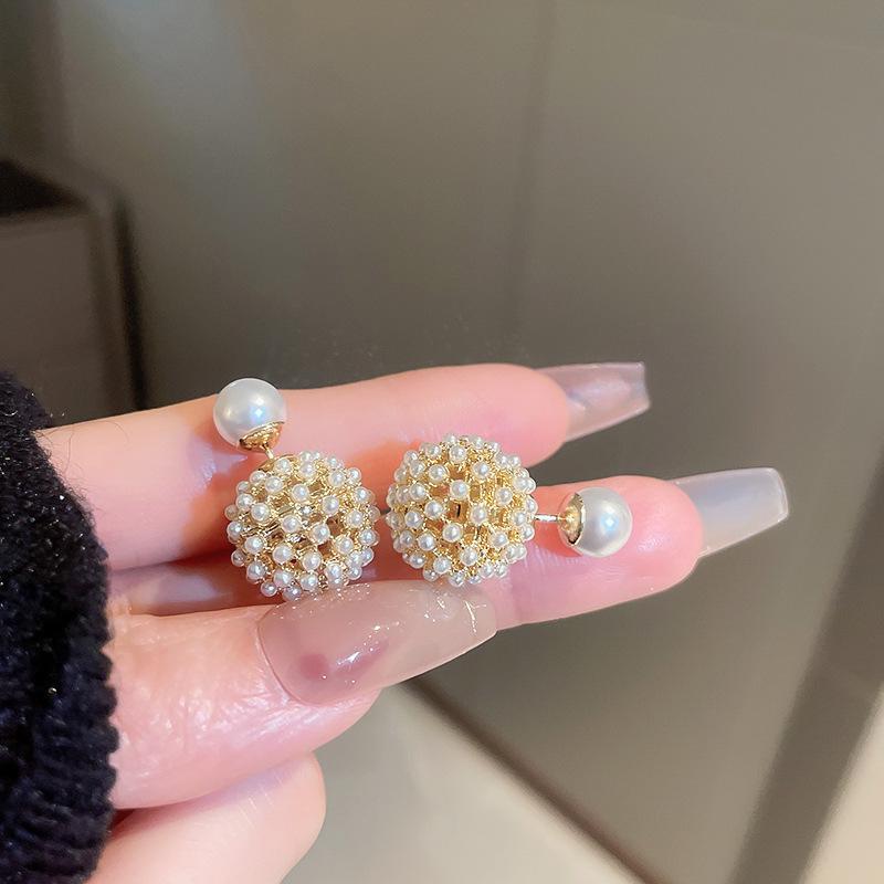 Double-Sided Silver Needle Pearl & Diamond Stud Earrings - Korean Cold Style for Women