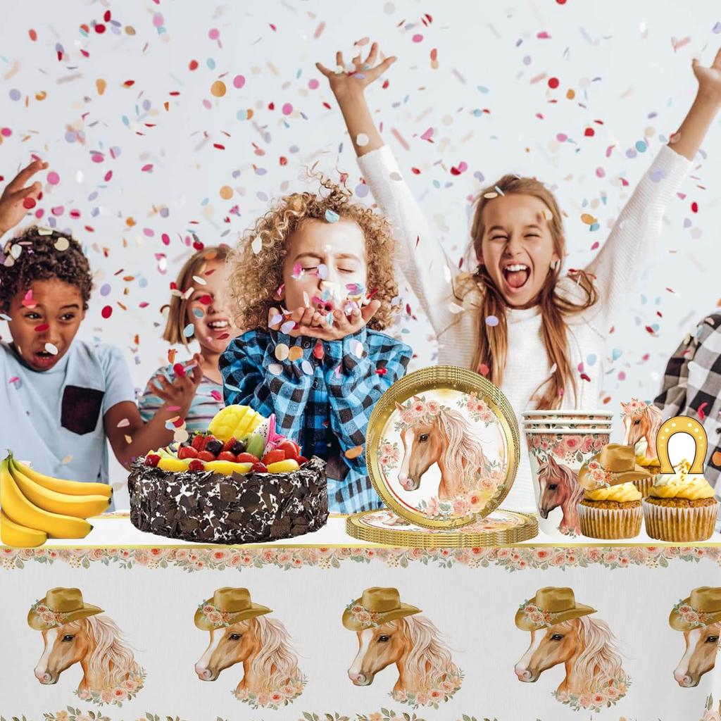 49Pcs Horse Theme Birthday Party Decorations Tableware Set with 16 Paper Plates, 16 Cups, 1 Tablecloth, 16 Straws for Celebration (No FDA)