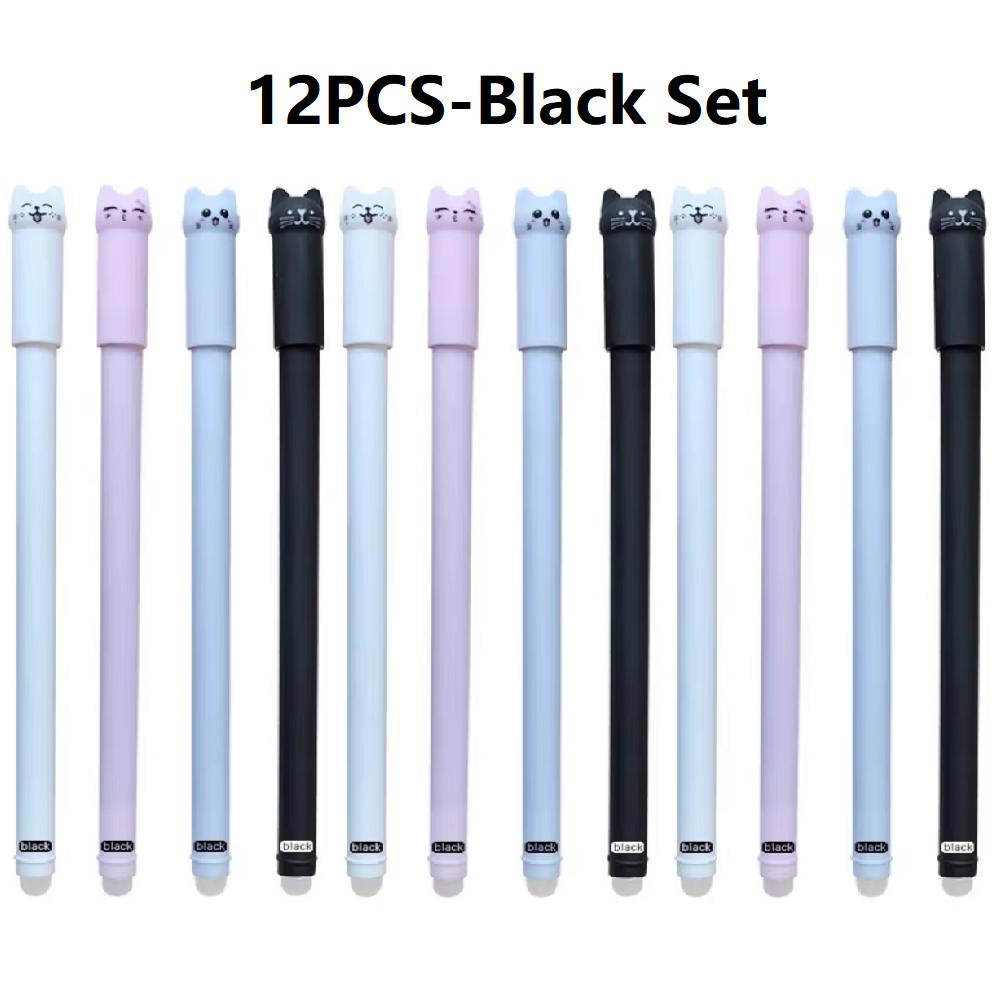 4-12PCS Cute Cat Pens Kawaii Erasable Gel Pens Set 0.5mm Blue/Black Ink Ballpoint Pens School Office Supplies Writing Stationer