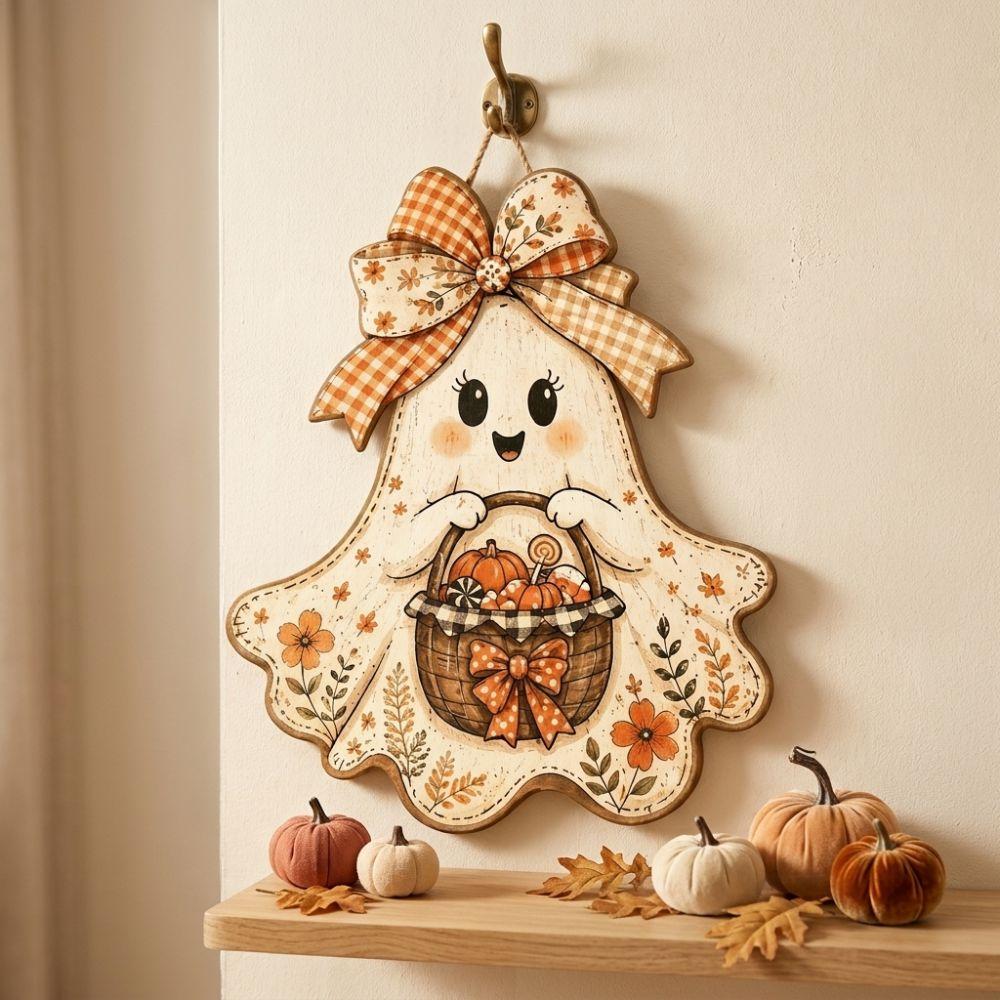 2D Flat Halloween Ghost Wood Door Hanger Rustic Style Fall Harvest Door Plaque Autumn
