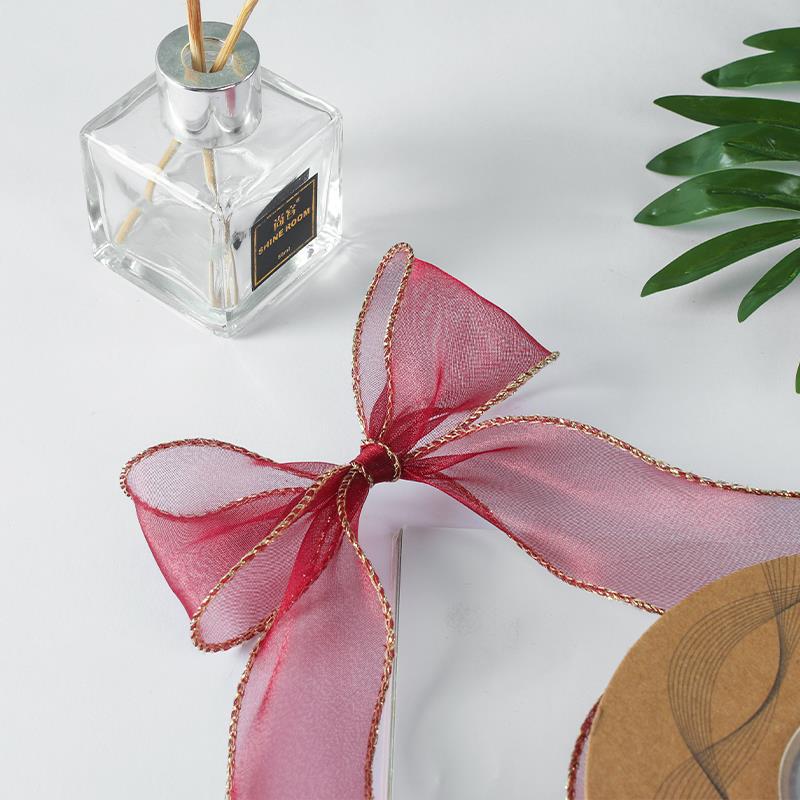 10yards Organza Ribbon Golden Wave Wired Ribbon Gift Bouquet Packaging,Handicrafts,Christmas Birthday Wedding Party Decoration