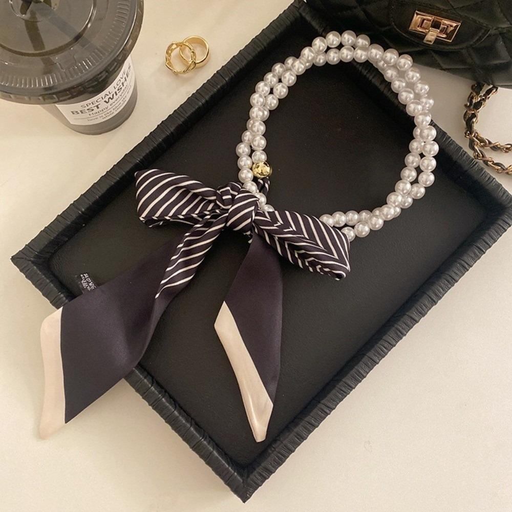 French Headband Retro Pearl Necklace with Silk Scarf Fashion Pearl Choker Women 1