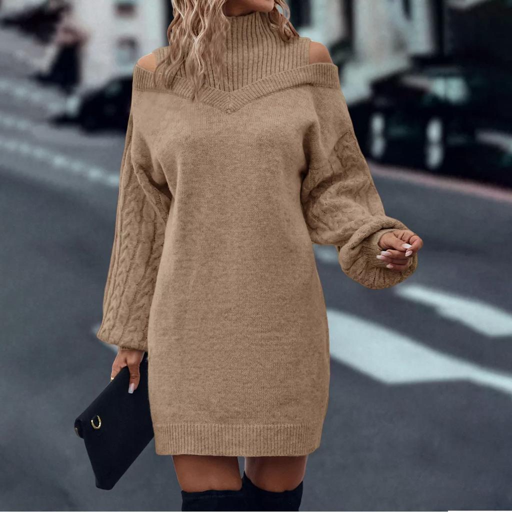 Autumn Winter Casual Loose Mini Dress Fashion Long Sleeve Elasticity Sweater Dresses Turtleneck Solid Off-shoulder Knitted Dress
