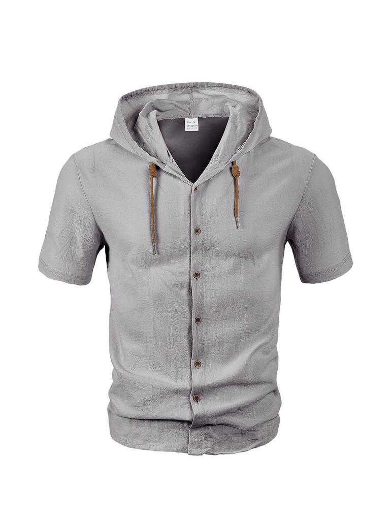 Men's Casual Lightweight Cotton Linen Short-Sleeve Hoodie Cardigan