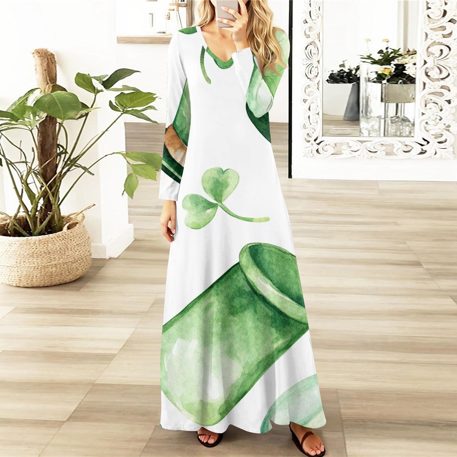 

Жіноча повсякденна мода з V-подібним вирізом St. Вінтажна сукня з принтом і довгим рукавом до Дня Патрика XL білий