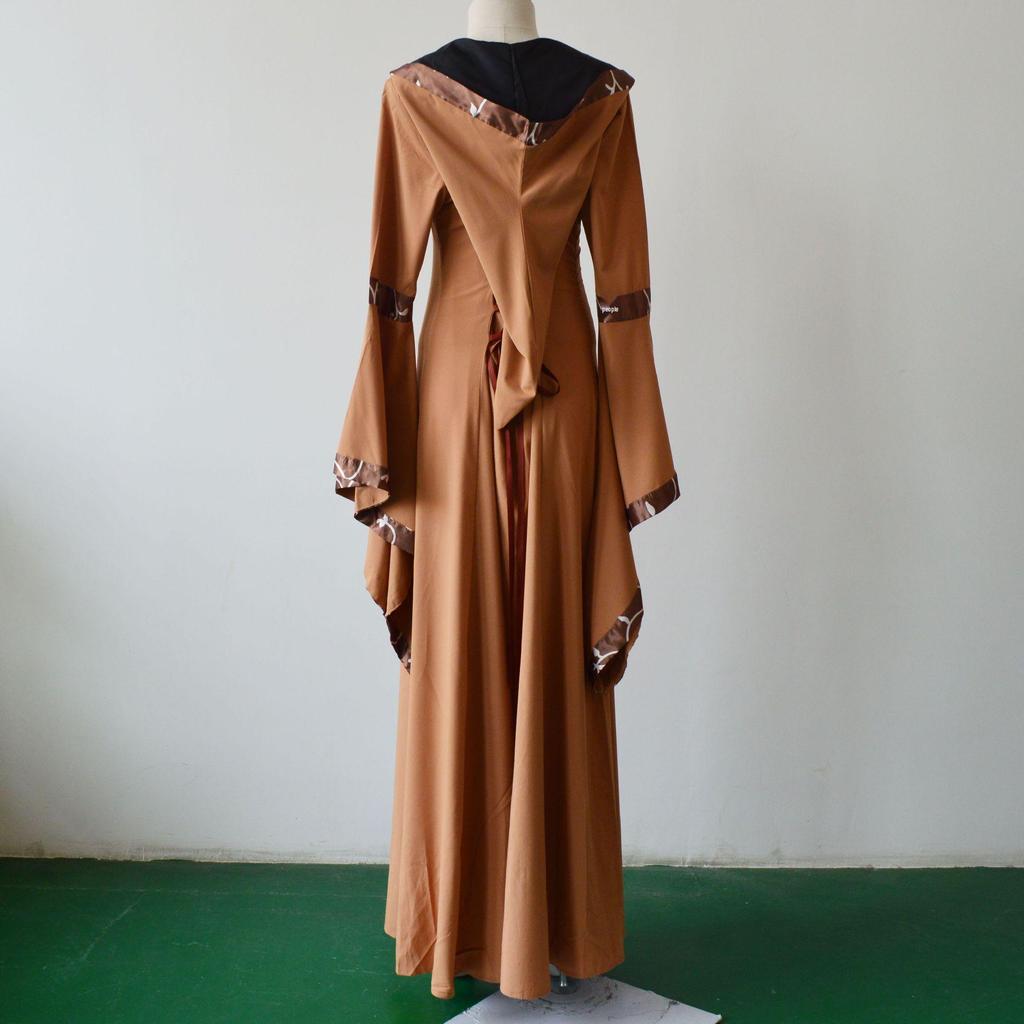 Medieval Retro Hooded Dress with Square Neck, Lace-Up Detail, and Bell Sleeves