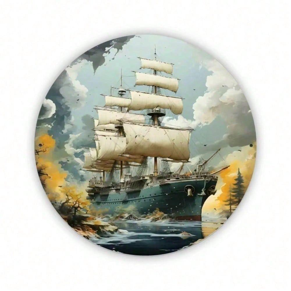 Vintage Storm Ship Metal Sign Round Nautical Wall Decor Waterproof Bar Pub Man Cave