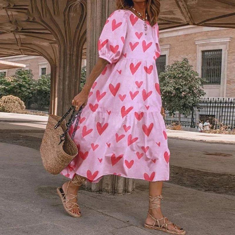 

2022 Women s Casual Short Sleeve Polka Dot Print Loose Dress Green Flower 4XL