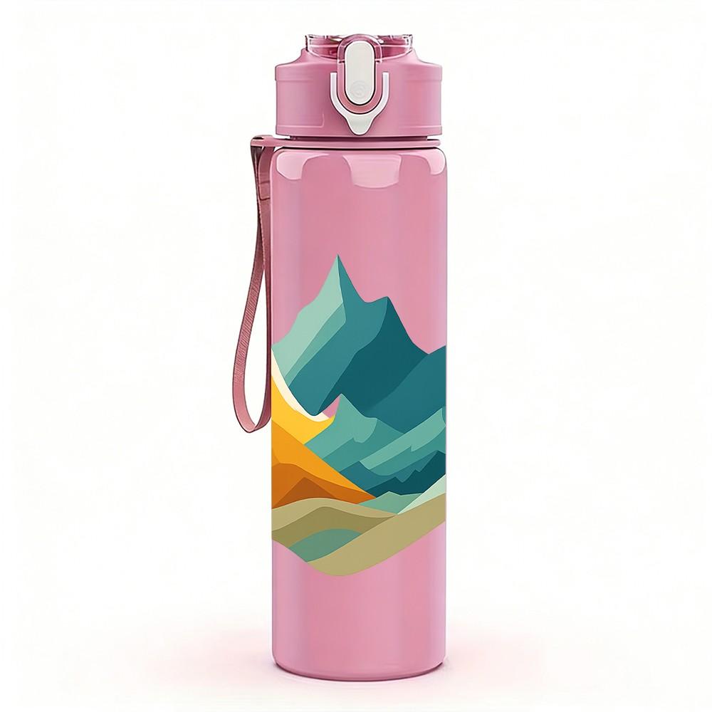 1PC Mountain Peak Minimal Landscape 750ml Color Plastic Sports Water Bottle Leakproof Flip Straw Lid Suitable for Sports Office Home Use