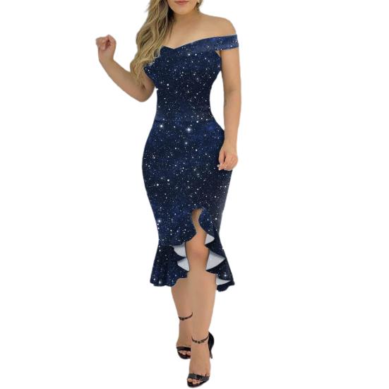 Formal Dress Off Shoulder Irregular Sleeveless Non-positioning Print Bodycon Dress for Wedding