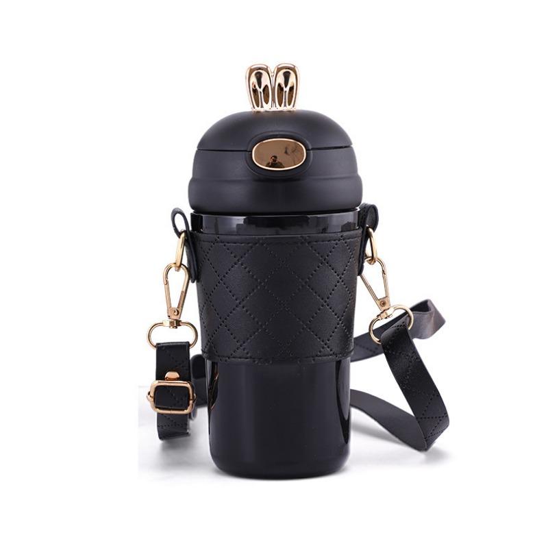 Good-looking Thermos Cup Girl Adorable Rabbit Bounce Straw Cup Portable Chain Strap Leather Case Outdoor Activity Office Water Cup