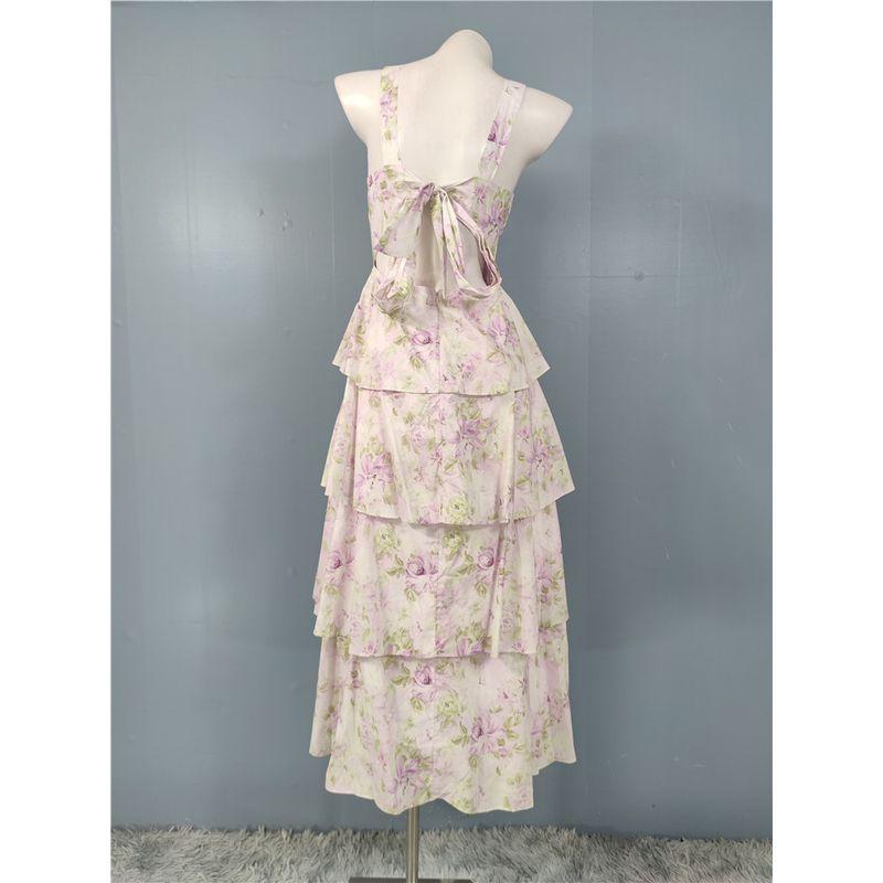 Foreign Trade Order Lady Elegant Exquisite Print Purple Slimming Vacation Elegant Beautiful Backless Fashion Summer Dress