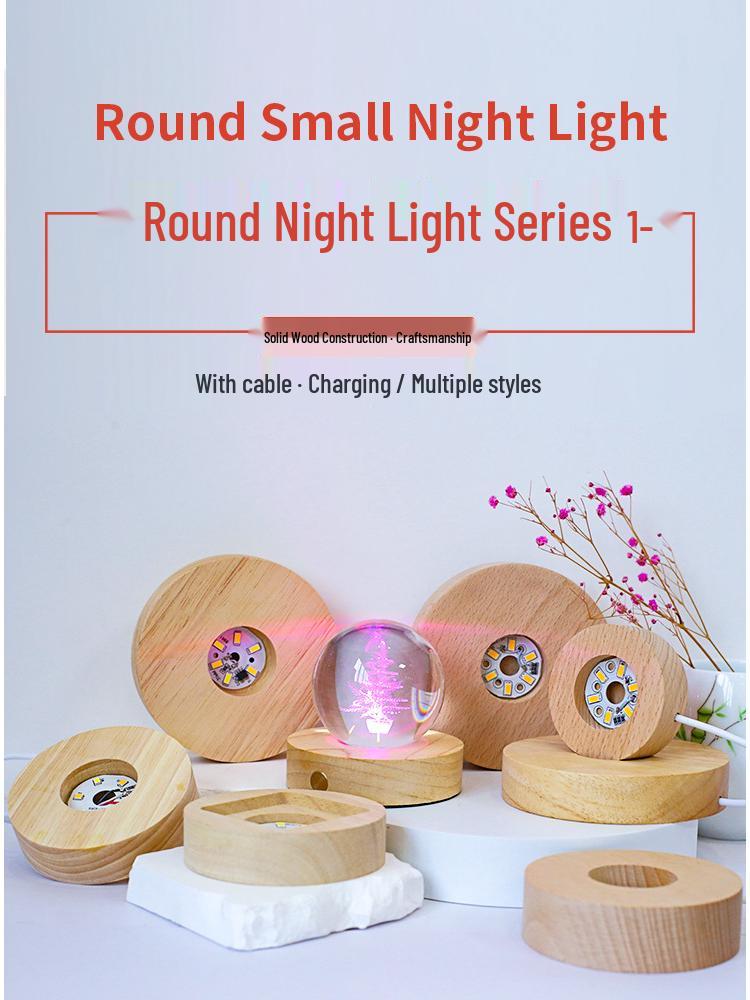 Round LED Night Light with Luminous Crystal Ball and Wooden Base for Bedroom