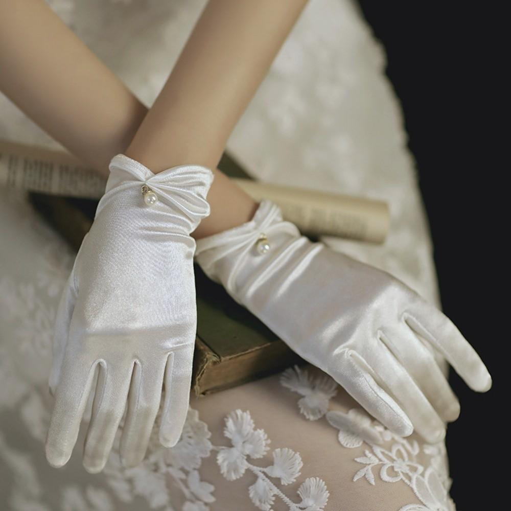 Pearl Decorative White Satin Bridal Gloves Wrist Length Women Silk Gloves Ladies
