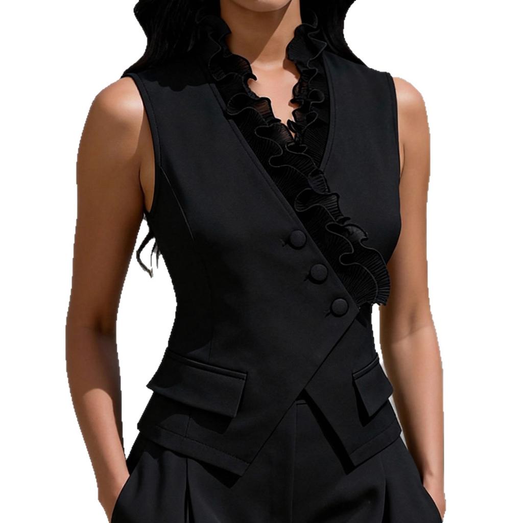 Spring European and American temperament elegant edge vest slim sleeveless V-neck commuter women's clothing
