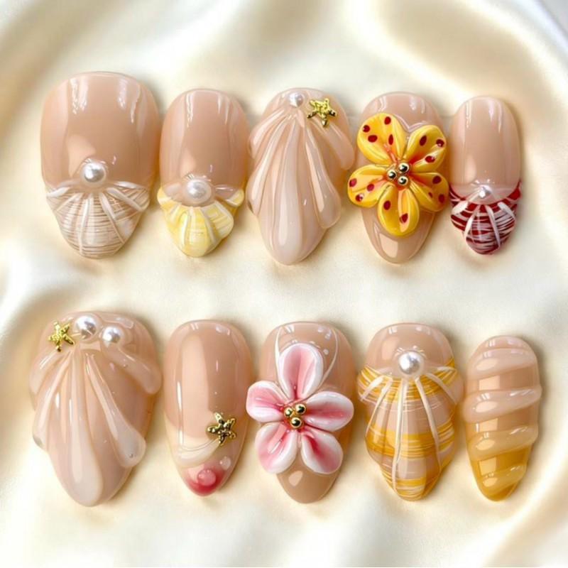 24pcs Nude Pink French Tip Lace Press-on Nails 3D Floral Design Short Almond Shape Women AW1001