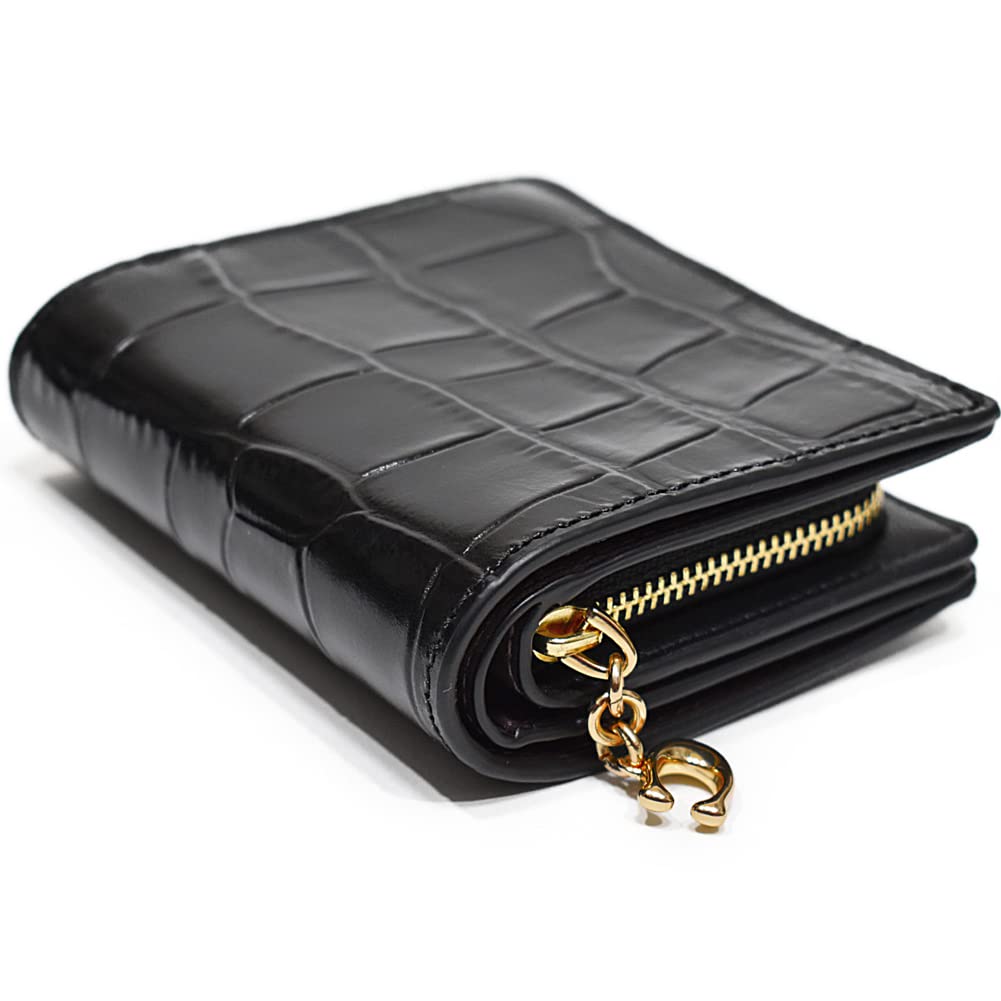 Coach Crocodile Print Leather Snap C6092 Bifold Mini Outlet Women's Wallet, Black, IMBLK, Wallet,