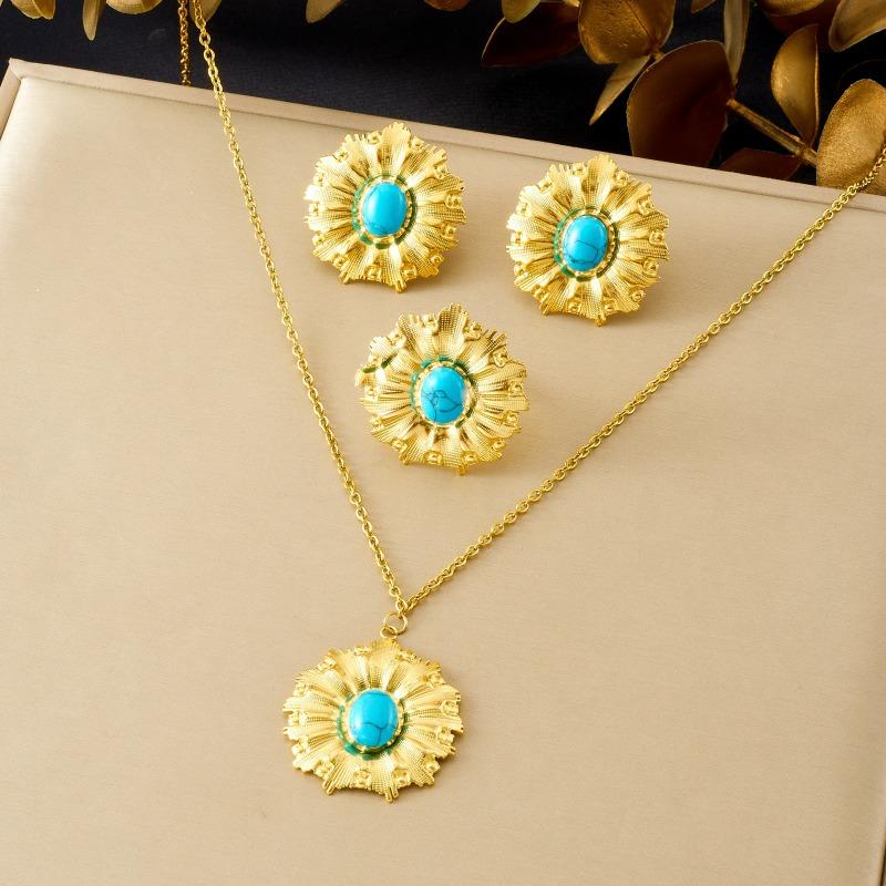 Gold Plated Stainless Steel Sunflower Turquoise Jewelry Set (necklace + Earrings) for Women