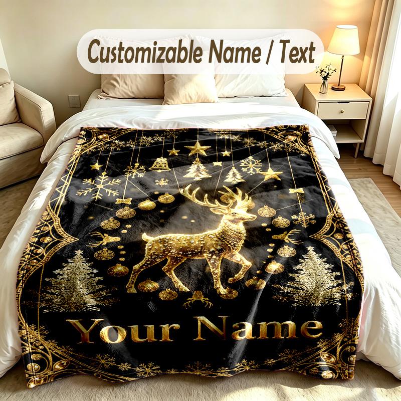 Christmas Theme Soft Blanket Personalized Custom Name Text Print Warm Blanket Home Sofa Bedroom Decor