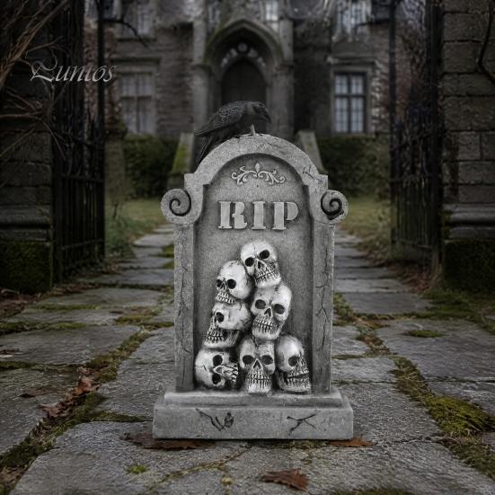 Spooky Holiday Exterior Decor Halloween Skull Tombstone, Stone Look Retro Gothic Resin Creepy Cemetery Scene Ornament Crow Gravestone for Outdoor