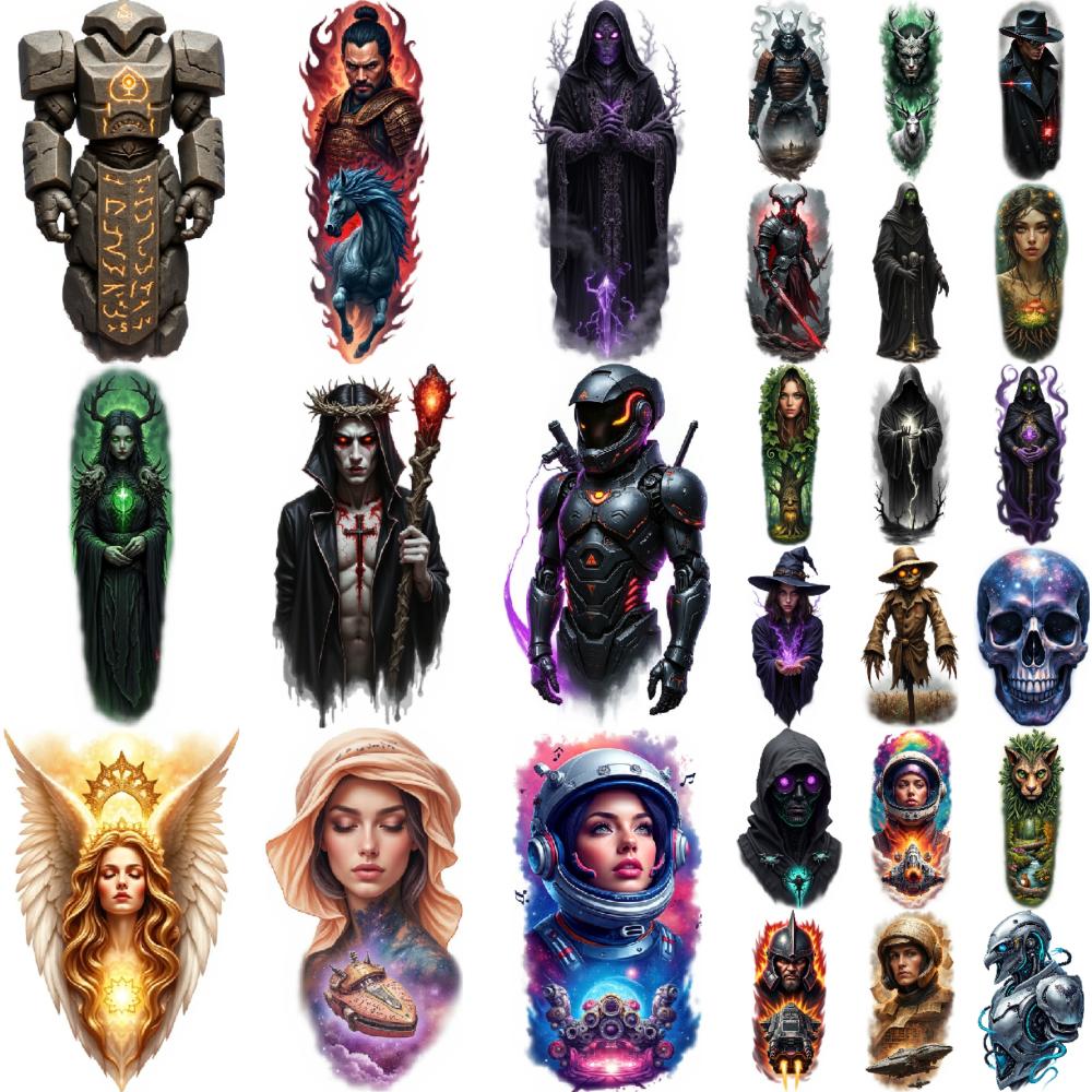 9pcs Temporary Tattoo Waterproof Long-lasting Body Stickers Space Explorer Warrior With Staff Hooded Figure For Arms Male