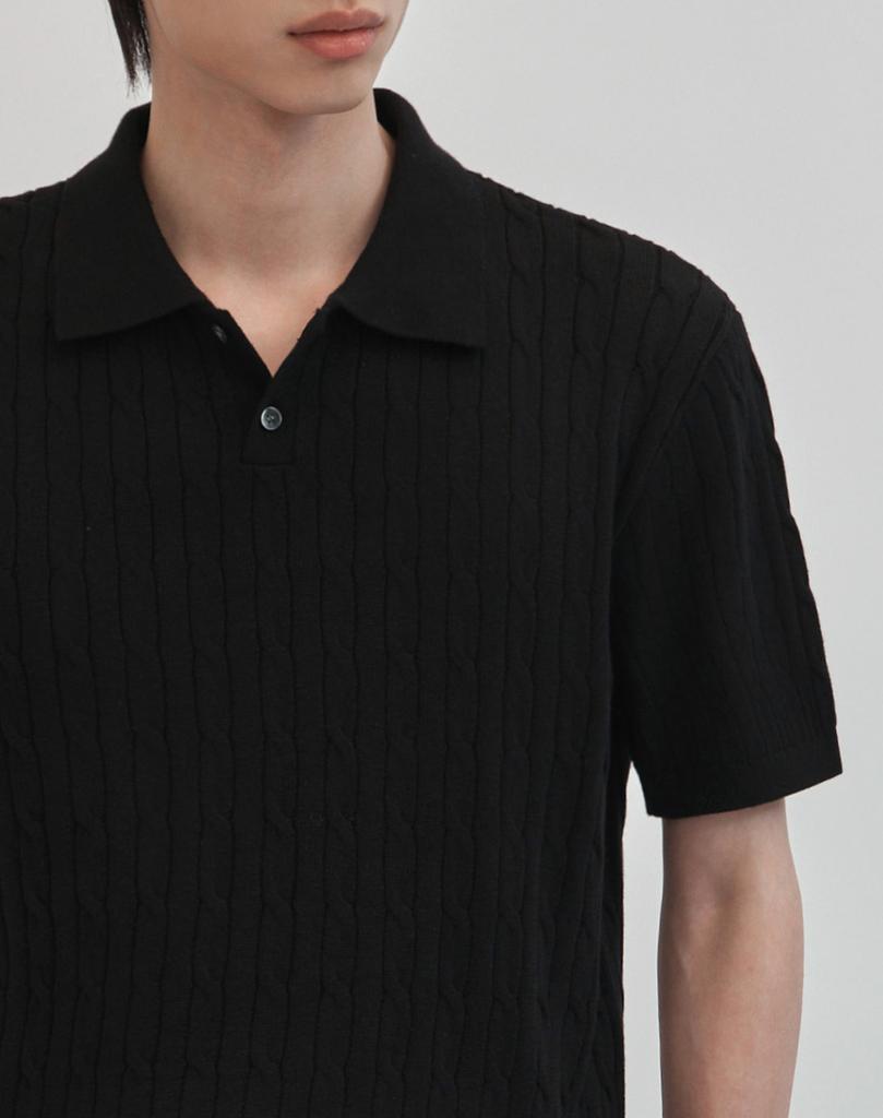 WORK ON BODY OFF Tres Semi-Overfit Cable Collar Short Sleeve Knit [Black]