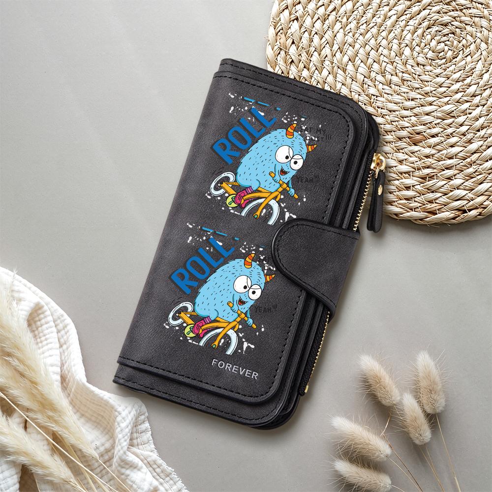 Cute Cartoon Monster Bifold Wallet Fashion PU Leather Long Purse Portable Card Holder Daily Use Casual Zipper Wallet