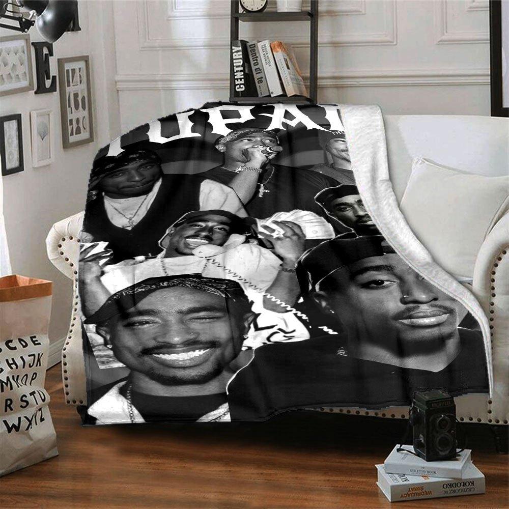1pc 2PacHip Hop Blanket Soft Lightweight All Season Multi Purpose Throw for Sofa, Bed, Office & Picnics, French Style with Iconic Album Art & Quotes