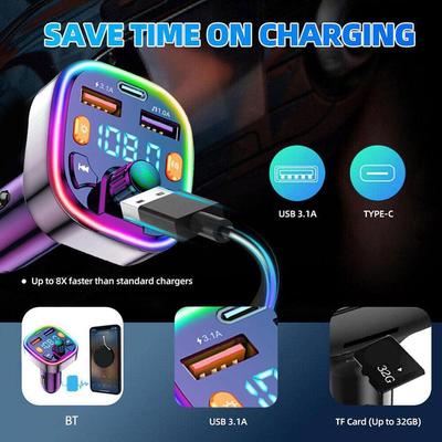 Car Bluetooth 5.0 FM Transmitter PD Type-C Dual USB Ambient MP3 Fast Handsfree Modulator 3.1A Player Charger Colorful Light I2S1