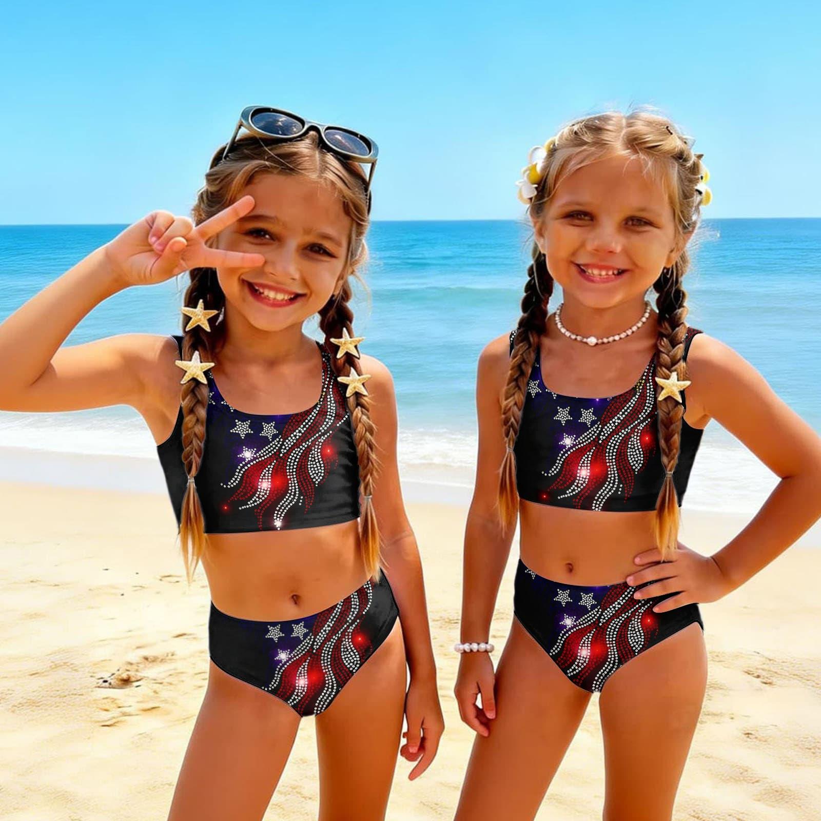 

Girls Two Piece Swimsuit Set Independence Day Print Tankini Top and High Waist Bottom Summer Swimwear for Kids 110
