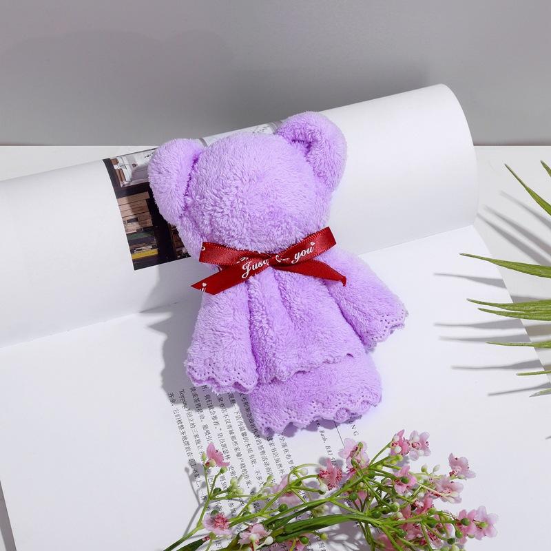 

Высококачественные милые подарочные полотенца с изображением медведя из кораллового флиса, милые подарки, сувениры на вечеринку в честь рождения ребенка для гостей, рождественский подарочный пакет фиолетовый