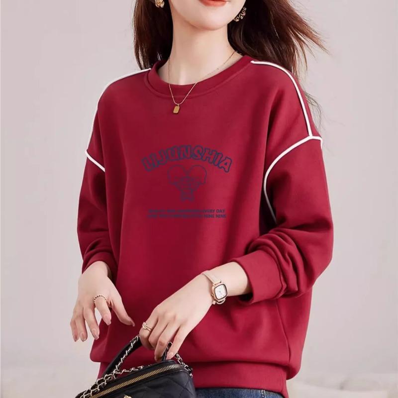 Fashion Women's Autumn and Winter New Style Loose Long-sleeved High Street Bottoming Pure Cotton Round Neck Sweatshirt Pullover