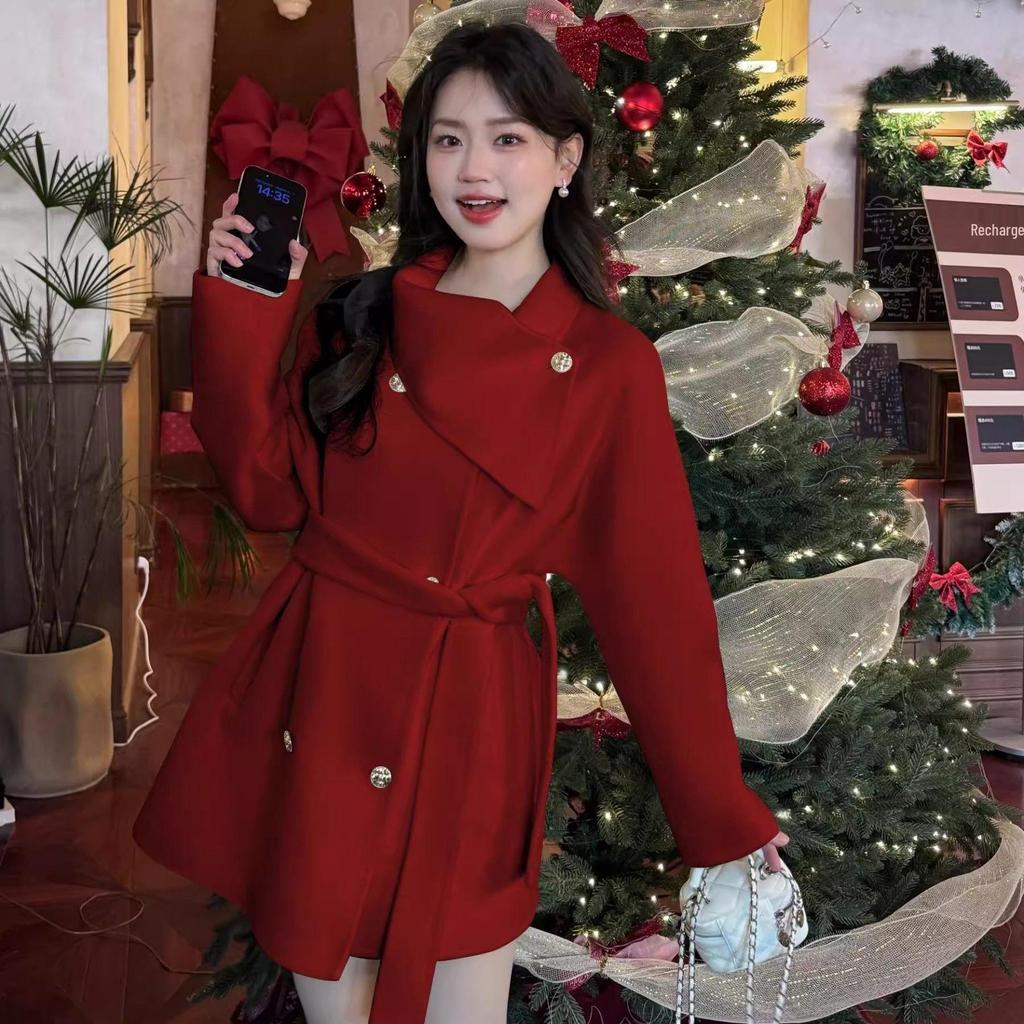 2025 Autumn/Winter Women's Korean Woolen Coat - Mid-Length Turtleneck Tie-Up Jacket, Black