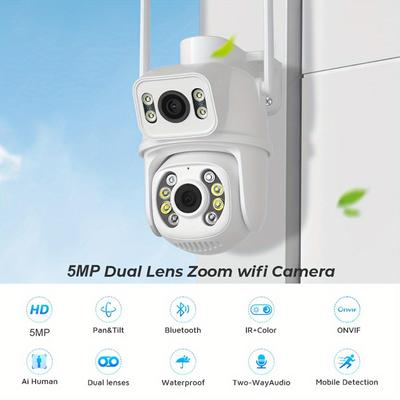 5MP WiFi bezpečnostní kamera, dvojitý objektiv 2,4 GHz bezdrátová IP kamera s monitorem, venkovní vodotěsnost IP66, obousměrný zvuk, upozornění na pohyb, kompatibilní s Alexou