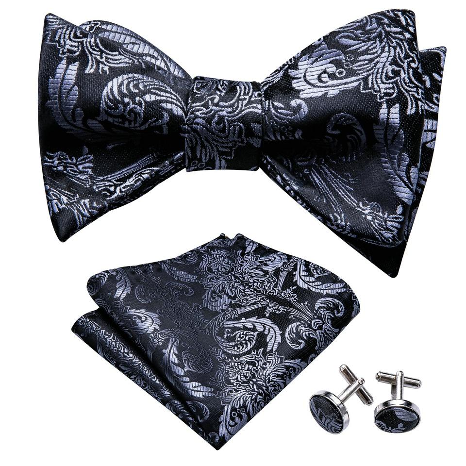 Mens Bow tie Self Black Paisley Hanky Cufflink Set Silk Wedding Formal USA Mens Bow tie Self Black Paisley Hanky Cufflink Set Silk Wedding Formal USA