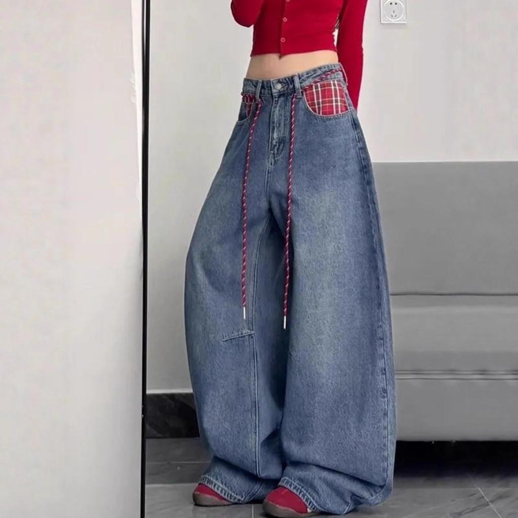Women's High Rise Loose Fit Wide Leg Jeans Casual Korean Denim Pants With Wash