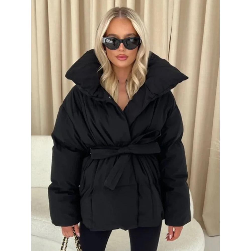 Unifarbener Schnür-Baumwollmantel Damenmode Revers Langarm Tasche Warm Locker Kurze Jacke Dame Winter Pendeln Straße Oberbekleidung