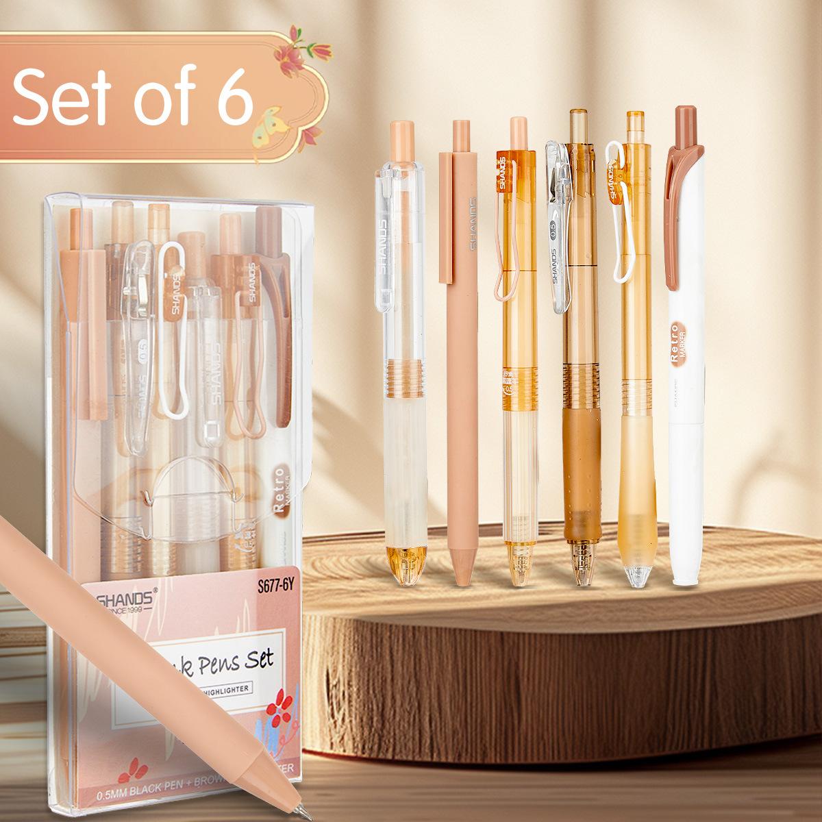 

6pcs Gel Ink Pen Highlighter Set Classic Retractables Clear Barrel Quick-Drying 0.5mm Tip Journaling Pens
