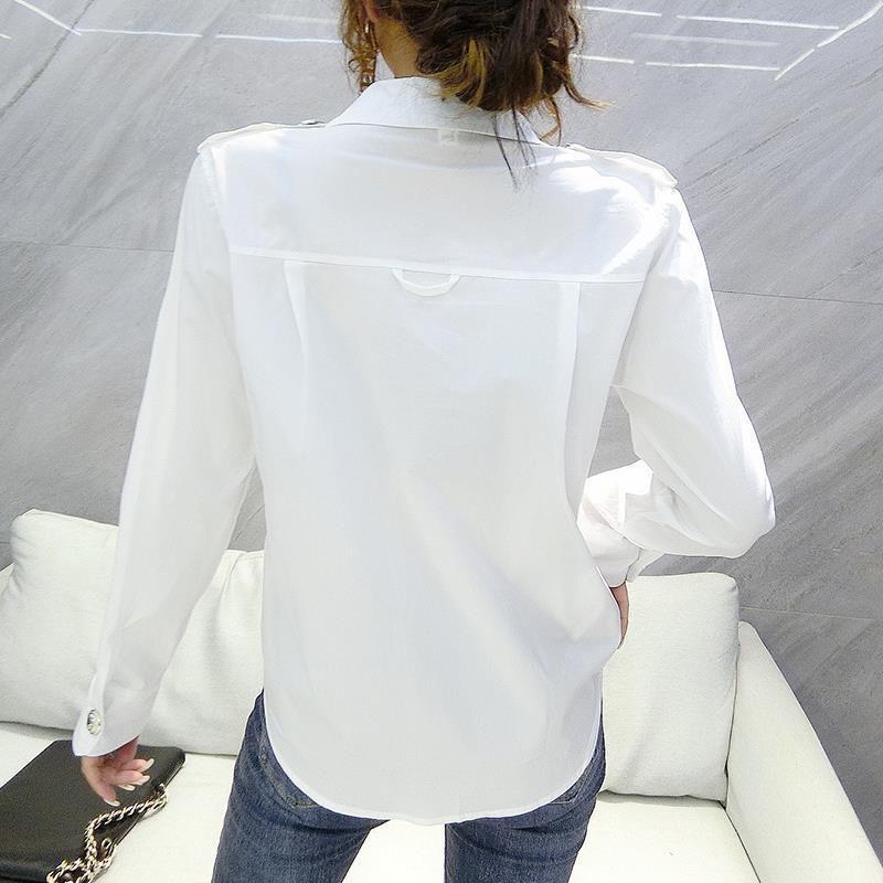 Spring Autumn Turn-down Collar Shirt Women's Clothing Commute Pockets Spliced Stylish Solid Color Single-breasted Basic Blouse