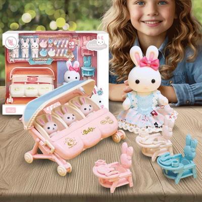 Dollhouse Furniture Baby Stroller Mini Doll House Furniture Accessories Set Miniature Rabbit Family Furniture Play House Toy