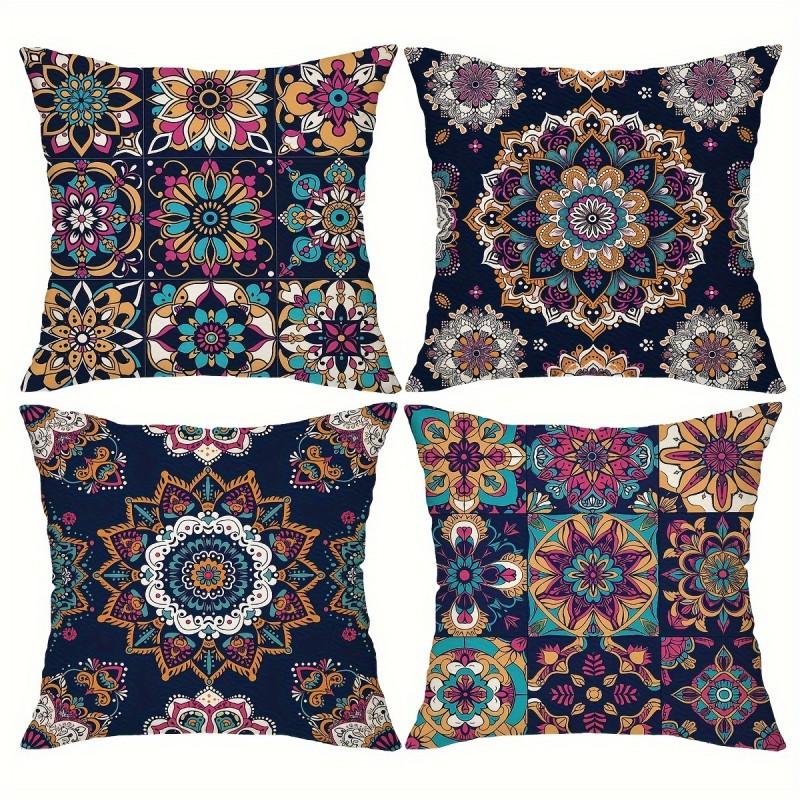 4PCS Vintage Bohemian Style Pillow Covers 18 by 18 Inches in Navy Blue Unique Geometric Floral Design Decorative Cases 13370₽