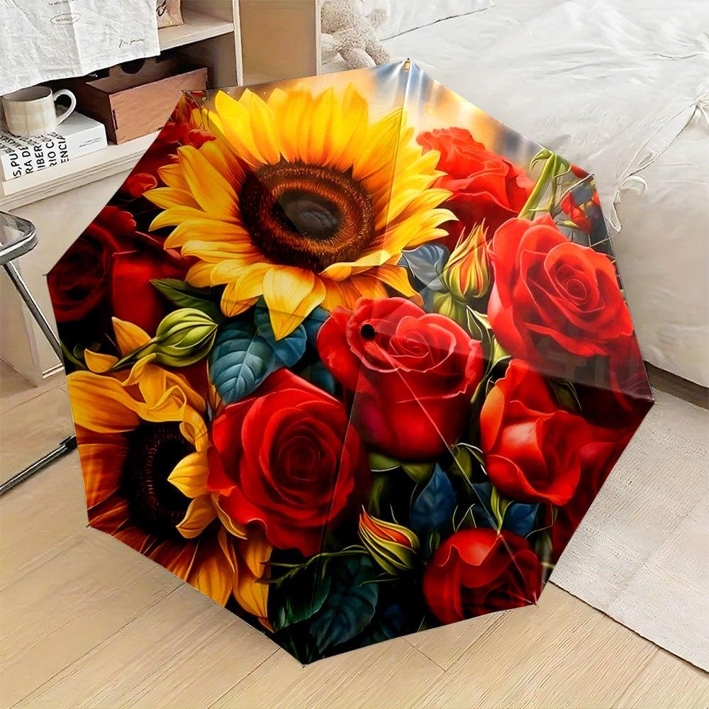 

Portable Folding Umbrella with Red Roses, Yellow Sunflowers & Green Leaves - Automatic Open/Close, Compact Travel Umbrella for (as the picture,Iron&8K)