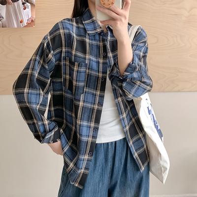 Retro Plaid Shirt Plain Tops Spring Autumn Lapel Long Sleeve Shirts Women Chic Loose Blouse Asian Size
