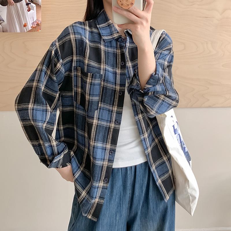 Retro Plaid Shirt Plain Tops Spring Autumn Lapel Long Sleeve Shirts Women Chic Loose Blouse Asian Size