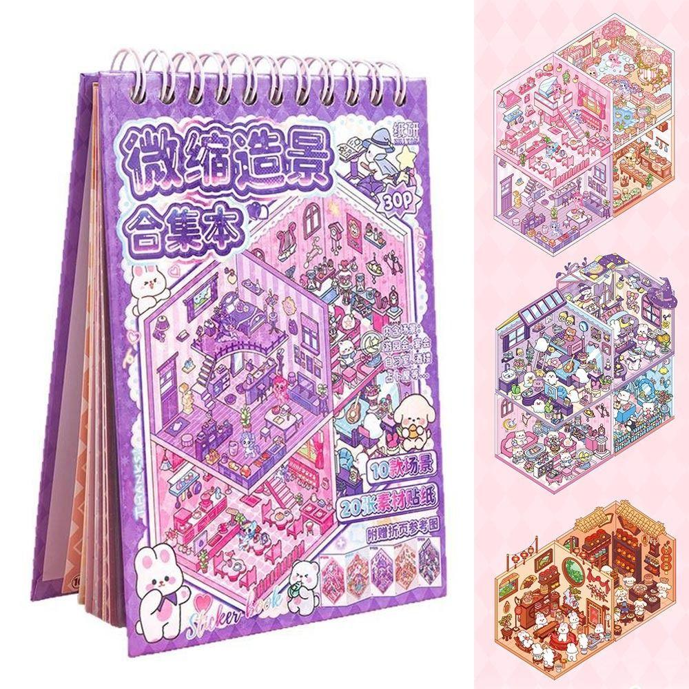 Kawaii PET Miniature Scene Collection Visual Stacking Cartoon Landscape Sticker Book 3D DIY 3D Pocket Cabin Scene Stickers Kids