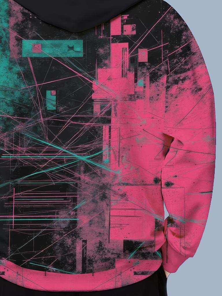 Men's Fashion Long-Sleeve Hoodie, Trendy Printed Sport Sweatshirt with Black, Pink, and Green Abstract Geometric Line Art. Soft, Comfortable, and