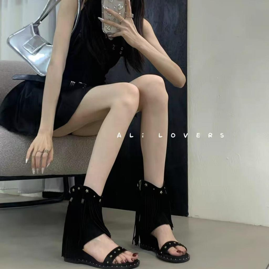 Inner Heightening Leather Roman Rivets Fringed Cool Boots Women'S Wedge Heel Open-Toed Bohemian Sandals