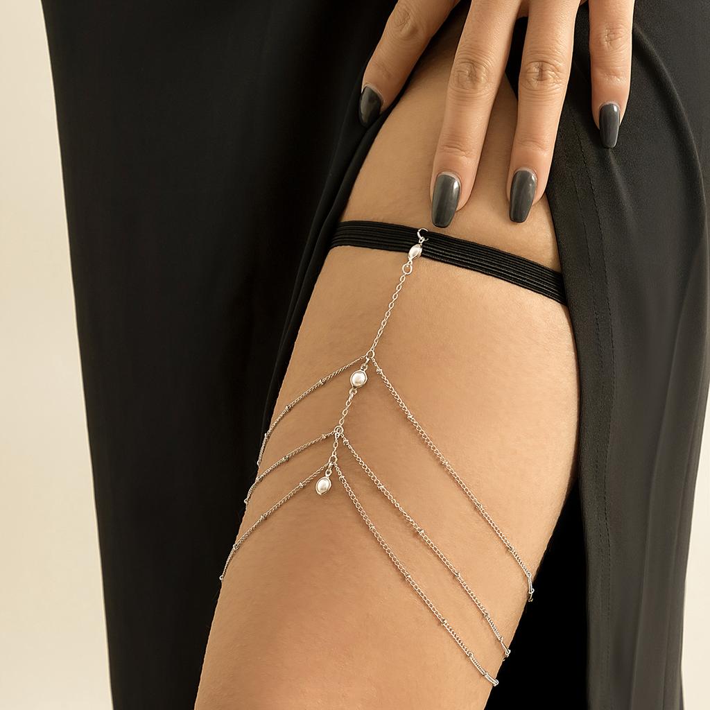 Ingemark Bohemian Elastic Band Leg Thigh Chain Women Beach Sexy Long Tassel Multilayer Adjustable Body Zircon Dress Decorate