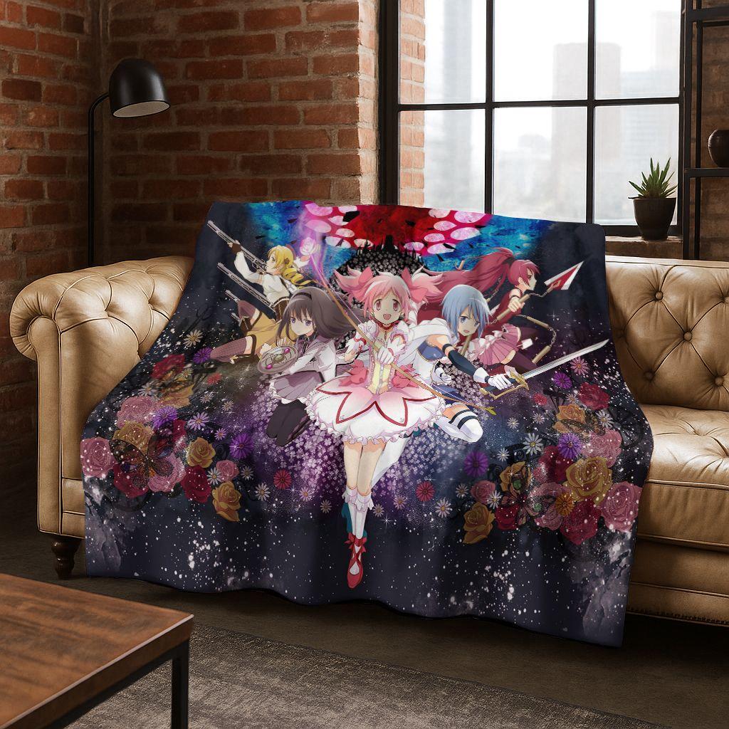 Cartoon Puella Magi Madoka Magica Girl Anime Art Flannel Blanket,Cozy Soft Throw Blanket for Home Bedroom Bed Sofa Cover Kids