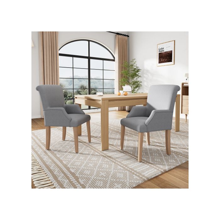 Chaise de salle à manger - MUVOE - Ensemble de 2 - Lin naturel - Pieds en bois massif - Accoudoirs